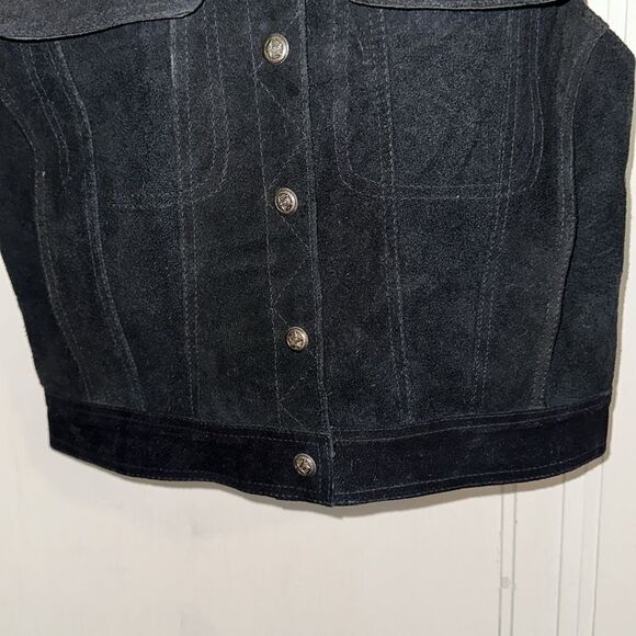 Vintage 80s/90s Mona Mode black suede leather vest with collar & pockets - Picture 4 of 9